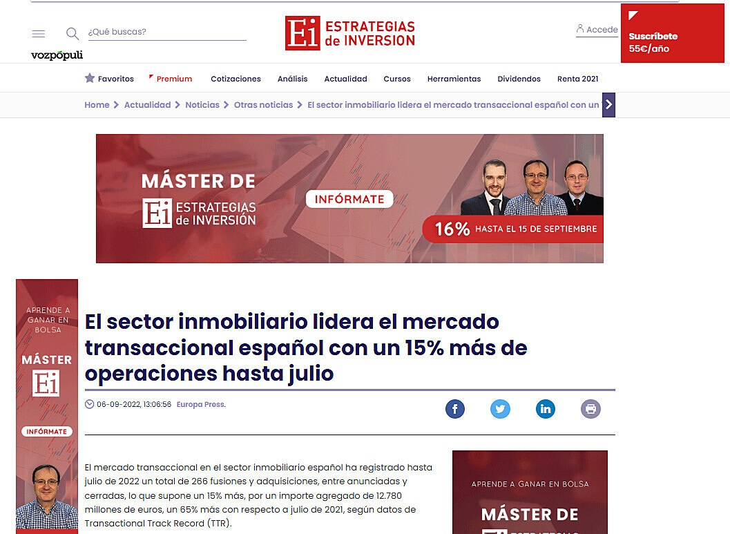 El sector inmobiliario lidera el mercado transaccional espaol con un 15% ms de operaciones hasta julio